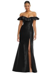 Off-The-Shoulder Ruffle Neck Satin Trumpet Gown - D836 - Black