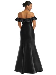 Off-The-Shoulder Ruffle Neck Satin Trumpet Gown - D836