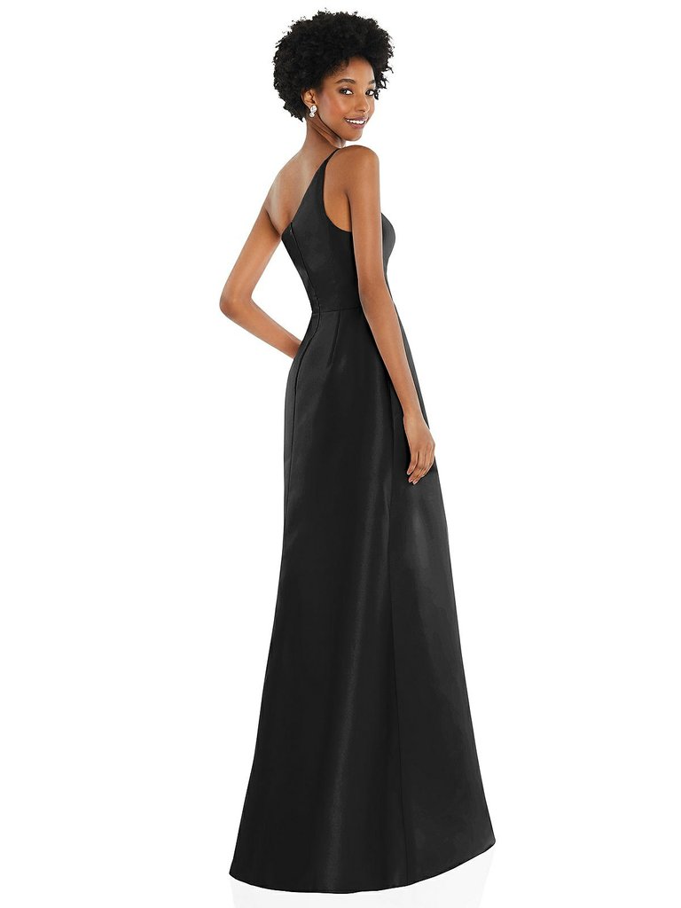 One-Shoulder Satin Gown With Draped Front Slit And Pockets - D831 