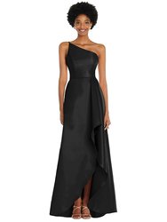 One-Shoulder Satin Gown With Draped Front Slit And Pockets - D831  - Black