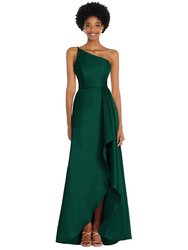 One-Shoulder Satin Gown With Draped Front Slit And Pockets - D831  - Hunter Green