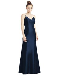 Open-Back Bow Tie Satin Trumpet Gown - D780 - Midnight Navy