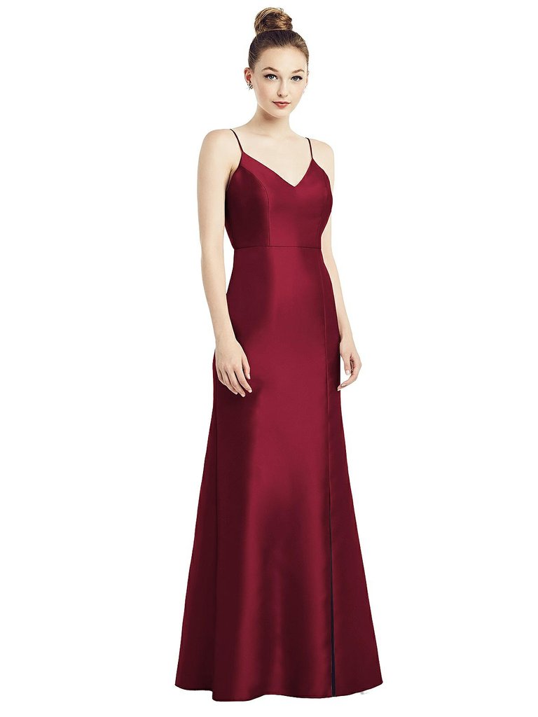 Open-Back Bow Tie Satin Trumpet Gown - D780 - Burgundy