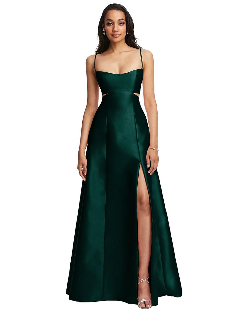 Open Neckline Cutout Satin Twill A-Line Gown with Pockets - D840 - Evergreen