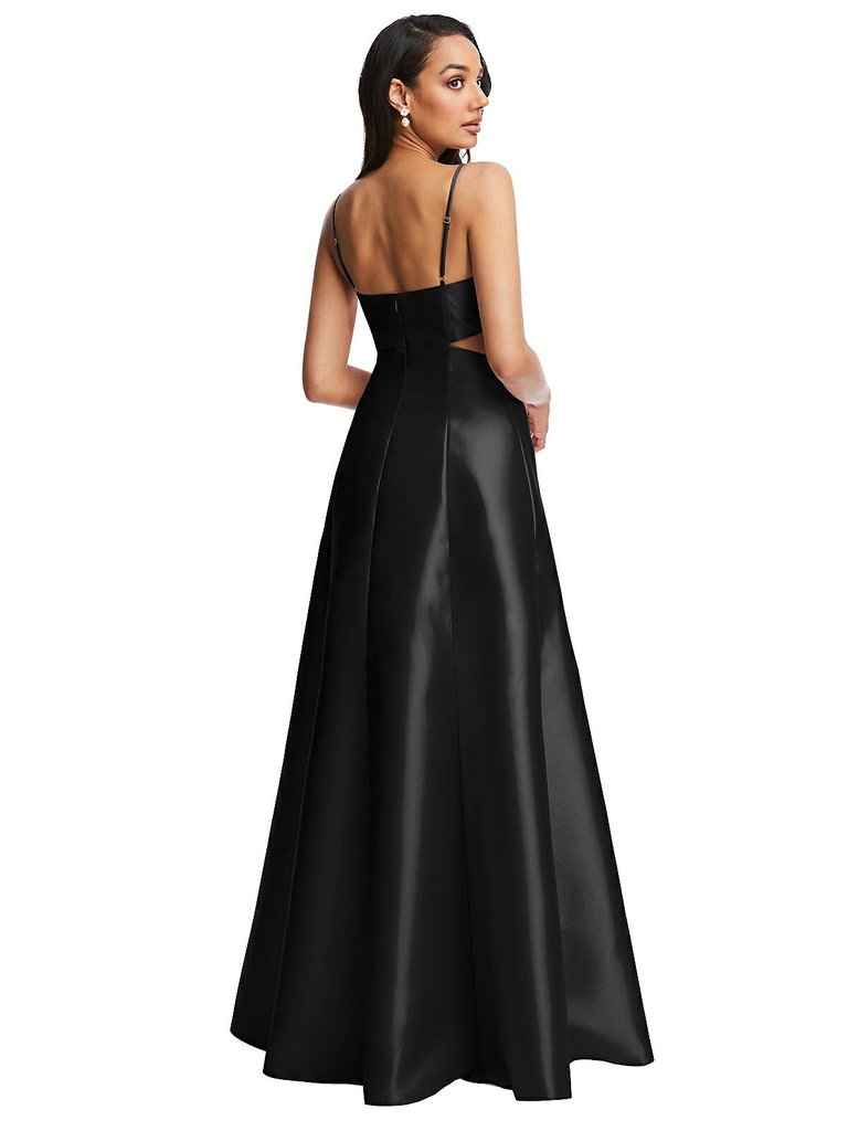 Open Neckline Cutout Satin Twill A-Line Gown with Pockets - D840