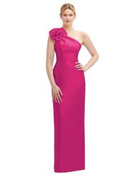 Oversized Flower One-Shoulder Satin Column Dress - D850 - Think Pink