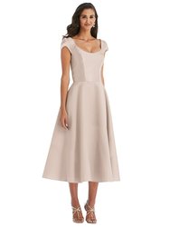 Puff Cap Sleeve Full Skirt Satin Midi Dress - D798  - Cameo