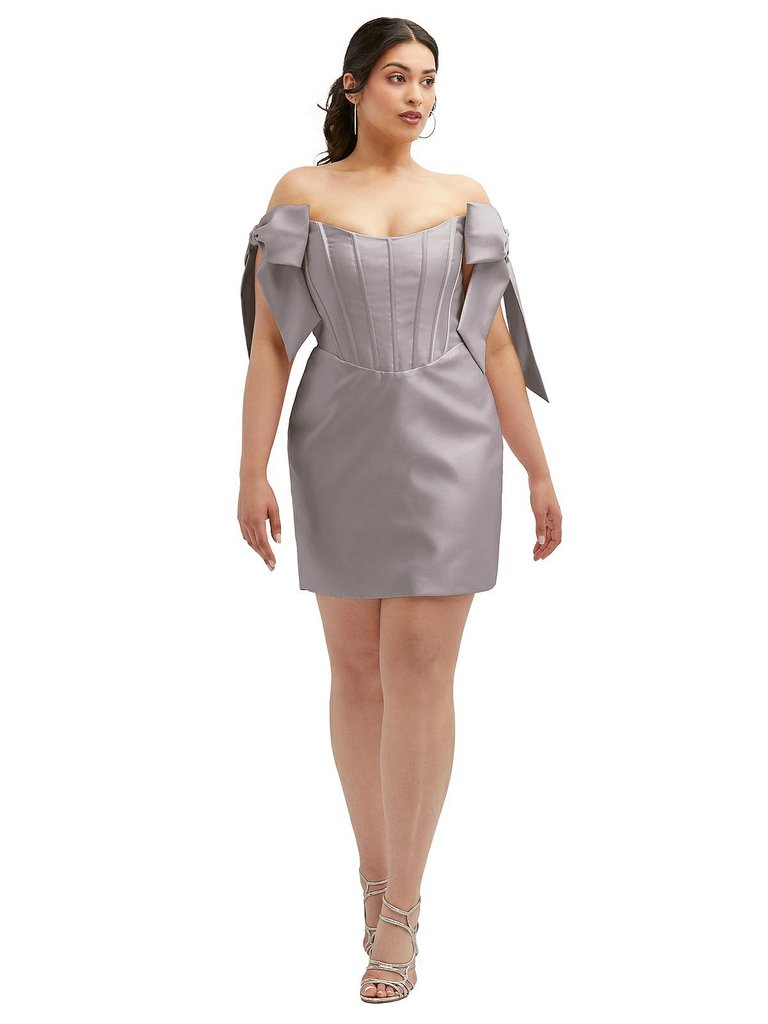 Satin Off-The-Shoulder Bow Corset Fit And Flare Mini Dress - D855 - Cashmere Gray