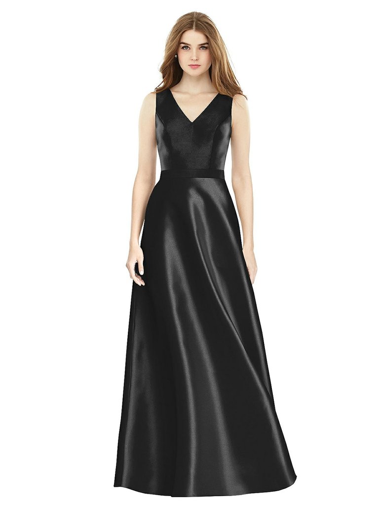 Sleeveless A-Line Satin Dress With Pockets - D754 - Black