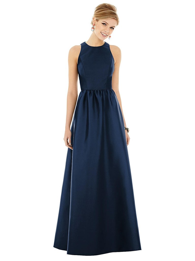 Sleeveless Keyhole Back Satin Maxi Dress - D707 - Midnight Navy