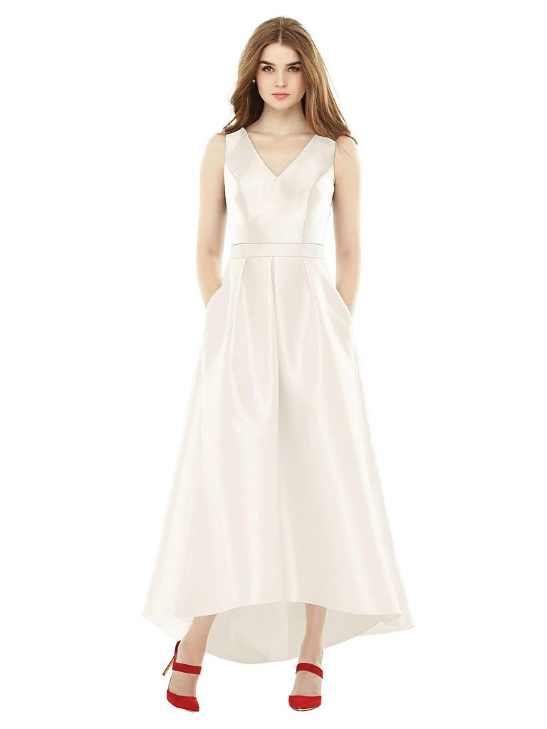 Sleeveless Pleated Skirt High Low Dress with Pockets - D723 - Ivory