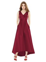 Sleeveless Pleated Skirt High Low Dress with Pockets - D723 - Burgundy