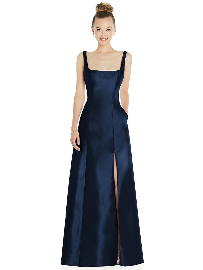 Sleeveless Square-Neck Princess Line Gown with Pockets - D826 - Midnight Navy