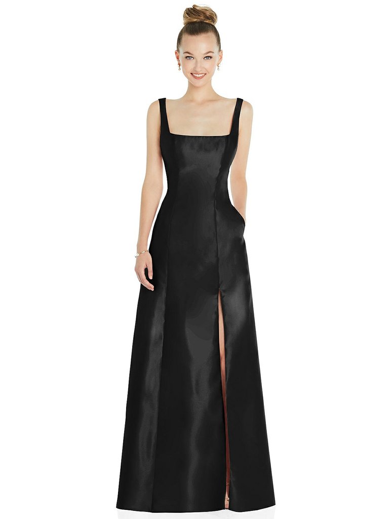 Sleeveless Square-Neck Princess Line Gown with Pockets - D826 - Black