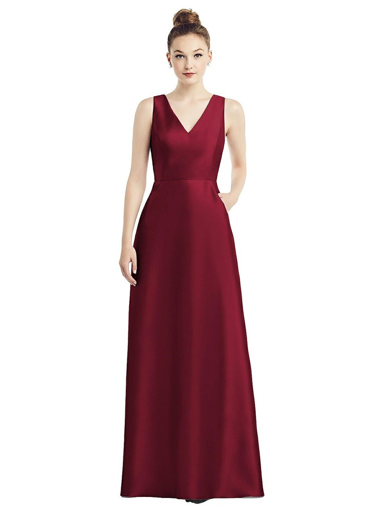 Sleeveless V-Neck Satin Dress with Pockets - D778 - Burgundy