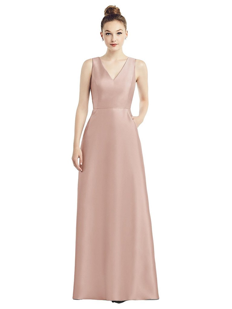 Sleeveless V-Neck Satin Dress with Pockets - D778 - Toasted Sugar