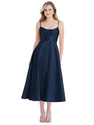 Spaghetti Strap Full Skirt Satin Midi Dress - D799 - Midnight Navy