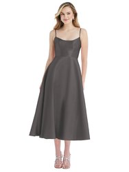 Spaghetti Strap Full Skirt Satin Midi Dress - D799 - Caviar Gray