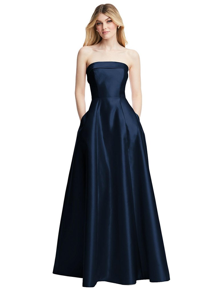 Strapless Bias Cuff Bodice Satin Gown With Pockets - D843 - Midnight Navy