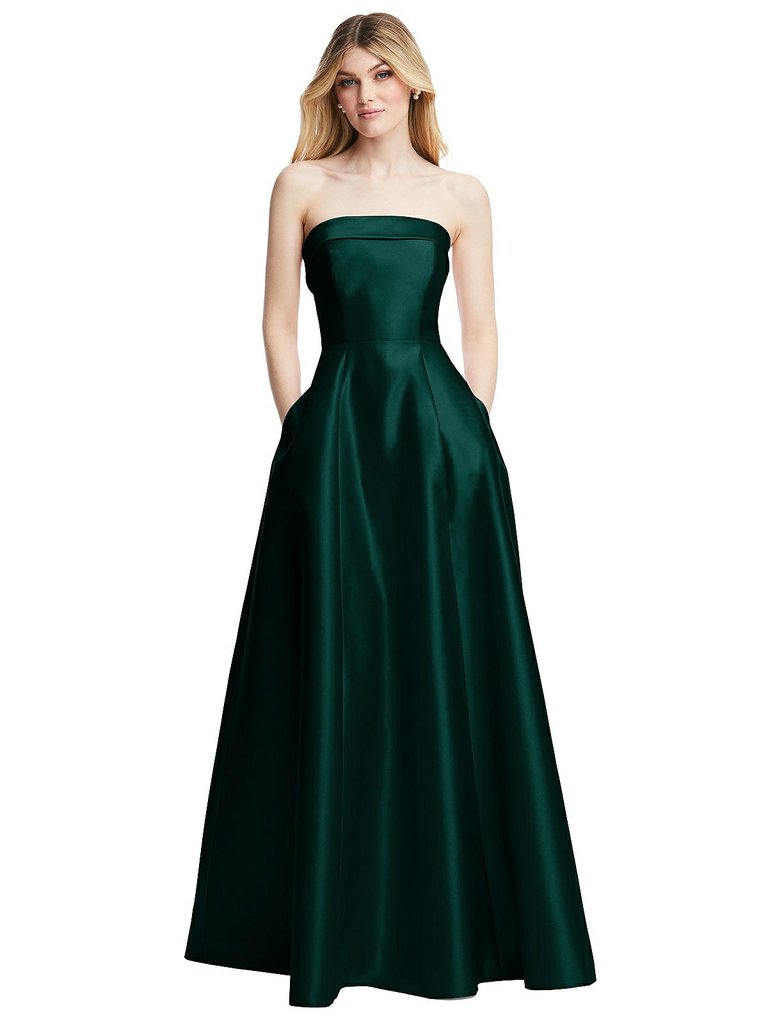 Strapless Bias Cuff Bodice Satin Gown With Pockets - D843 - Evergreen