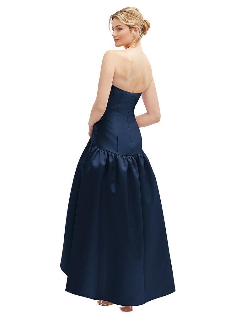 Strapless Fitted Satin High Low Dress With Shirred Ballgown Skirt - D851
