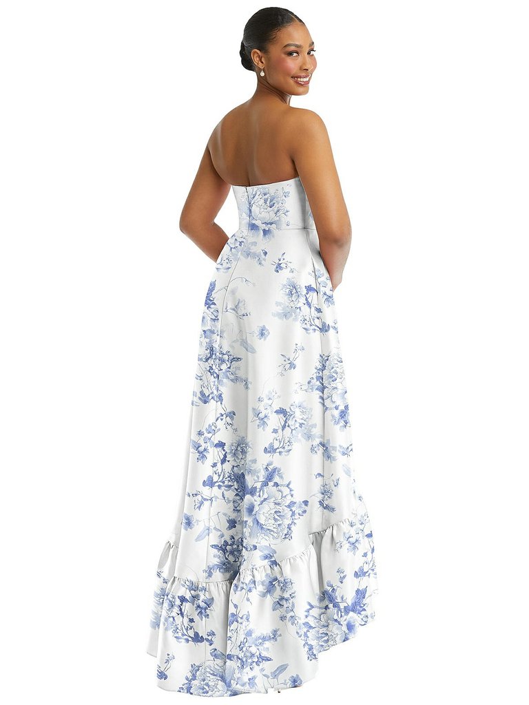Strapless Floral High-Low Ruffle Hem Maxi Dress With Pockets - D838FP