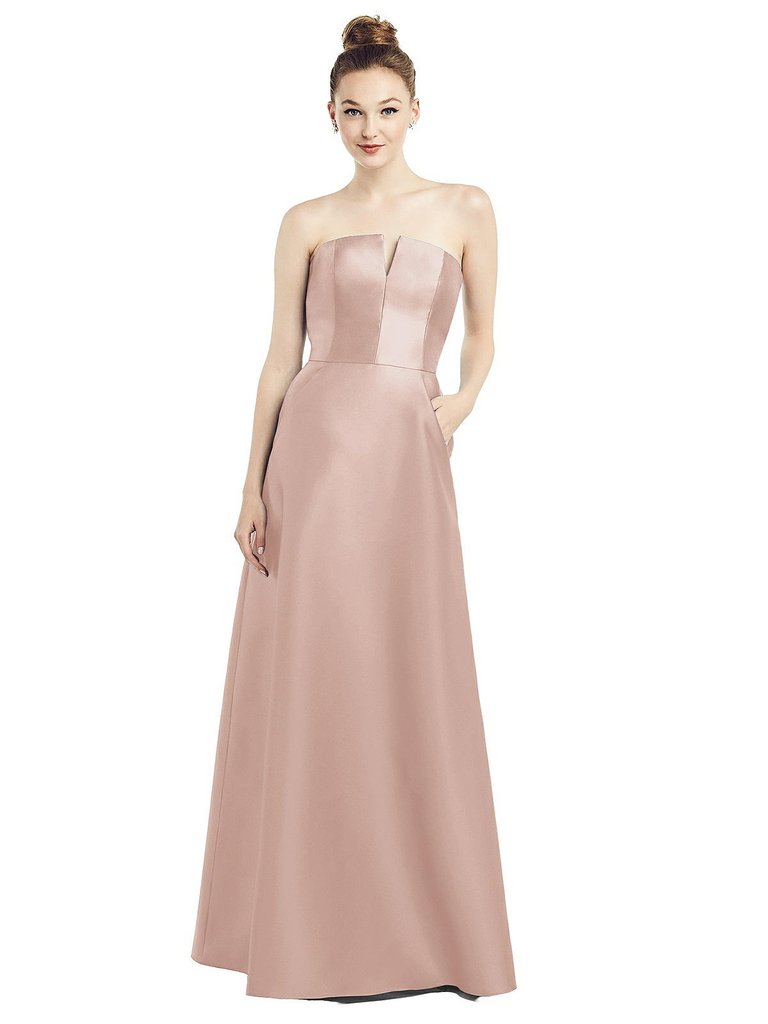 Strapless Notch Satin Gown with Pockets - D774 - Toasted Sugar