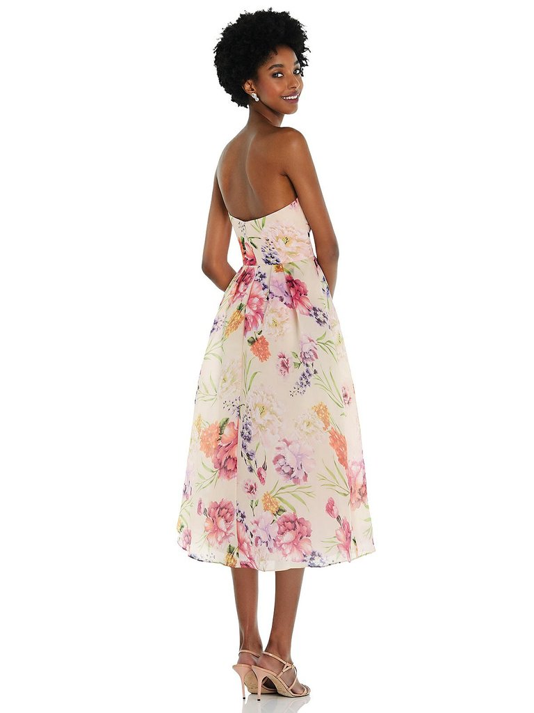 Strapless Pink Floral Organdy Midi Dress - D834FP