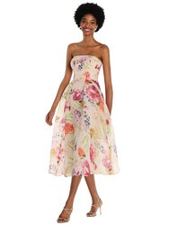 Strapless Pink Floral Organdy Midi Dress - D834FP - Penelope Floral Print