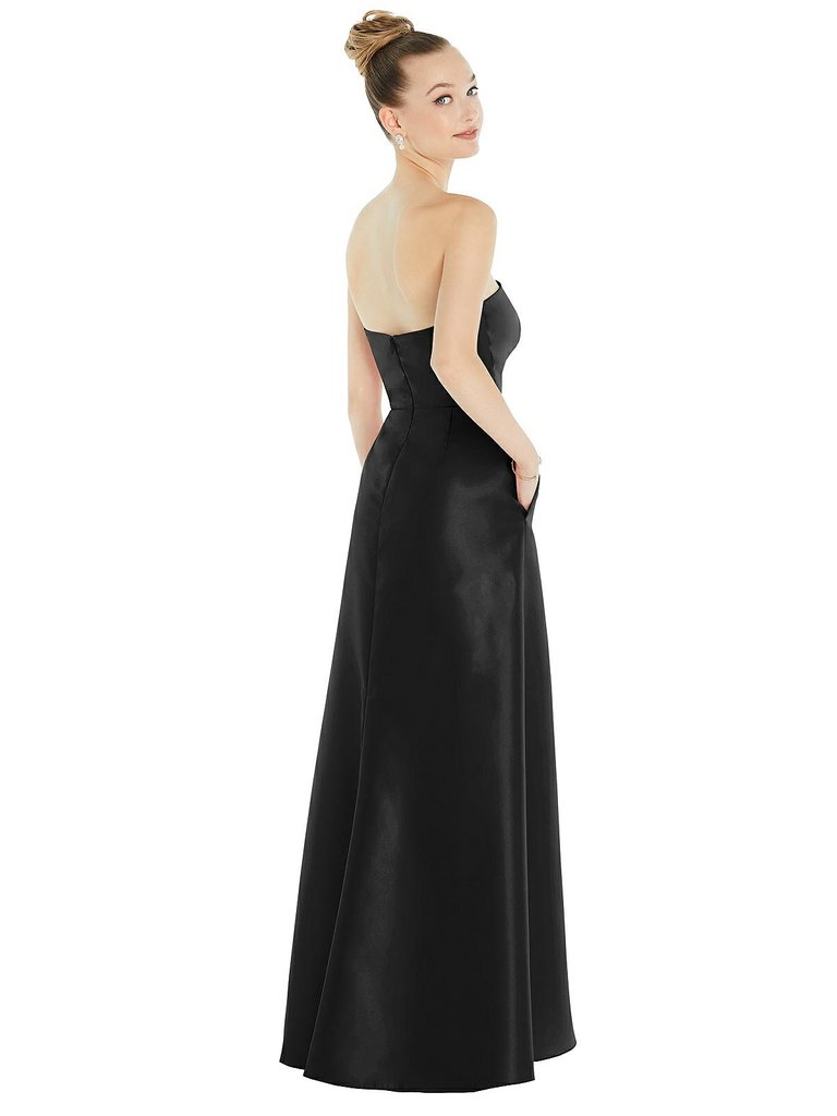 Strapless Satin Gown With Draped Front Slit And Pockets - D832