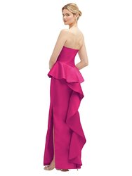 Strapless Satin Maxi Dress With Cascade Ruffle Peplum Detail - D858