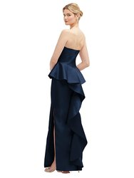 Strapless Satin Maxi Dress With Cascade Ruffle Peplum Detail - D858