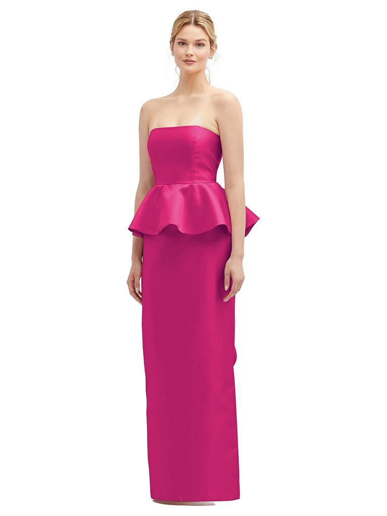Strapless Satin Maxi Dress With Cascade Ruffle Peplum Detail - D858 - Think Pink