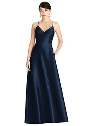 V-Neck Full Skirt Satin Maxi Dress - D750 - Midnight Navy