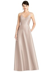 V-Neck Full Skirt Satin Maxi Dress - D750 - Cameo