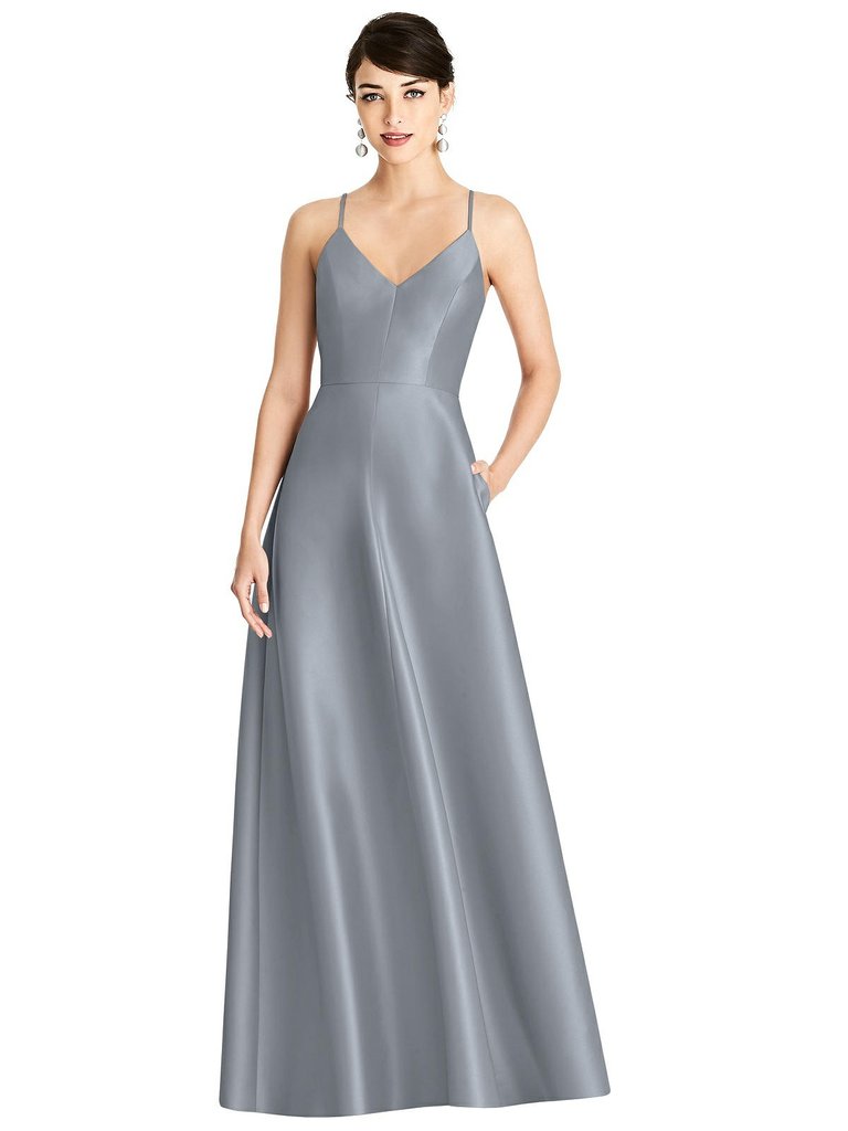V-Neck Full Skirt Satin Maxi Dress - D750 - Platinum
