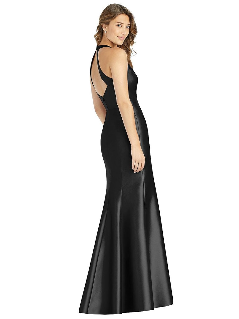 V-Neck Halter Satin Trumpet Gown - D761