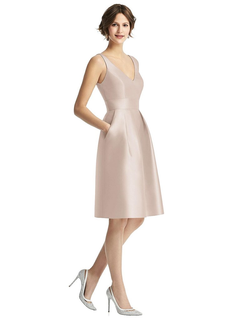 V-Neck Pleated Skirt Cocktail Dress With Pockets - D768 - Cameo