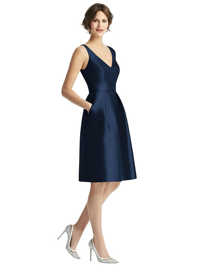 V-Neck Pleated Skirt Cocktail Dress With Pockets - D768 - Midnight Navy