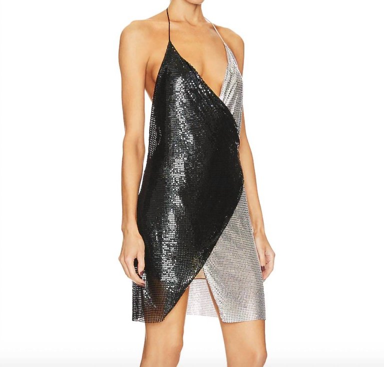 Ally Chainmail Wrap Mini Dress In Black/silver