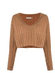 Ayden V-Neck Cable Knit Pullover Cropped Top Sweater - Camel