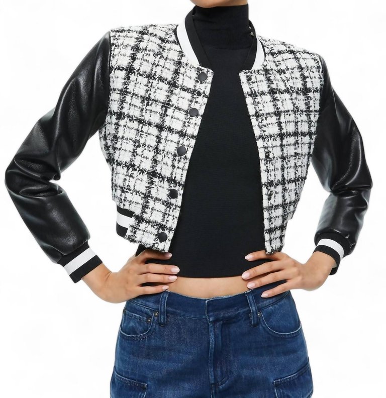 Camelia Cropped Combination Varsity Jacket In Off White/black - Off White/Black