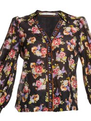Cosima Floral Silk Blouson-Sleeve Button-Front Top