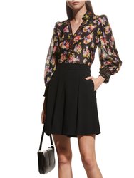 Cosima Floral Silk Blouson-Sleeve Button-Front Top - Magnolia Floral Black Multi