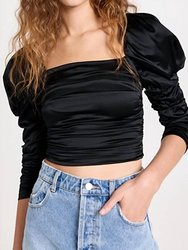 Katrice 3/4 Puff Sleeve Square Neck Ruched Top Blouse - Black