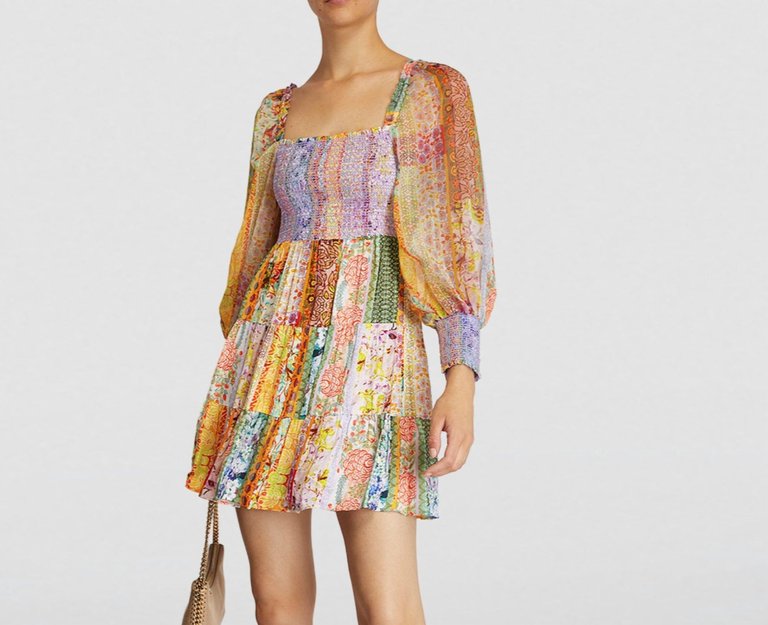 Rowen Puff Sleeve Tiered Skirt Tunic Chiffon Mini Dress - Floral