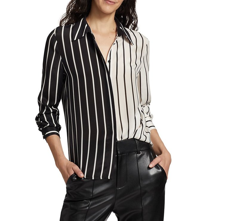 Women's Willa Placket Palazzo Black White Striped Silk Blouse - Black/White