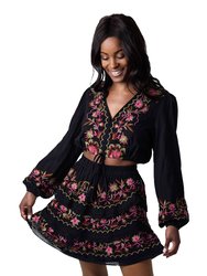 Floral Embroidered Crop Blouse - Black