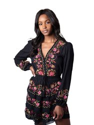 Floral Embroidered Crop Blouse - Black - Black