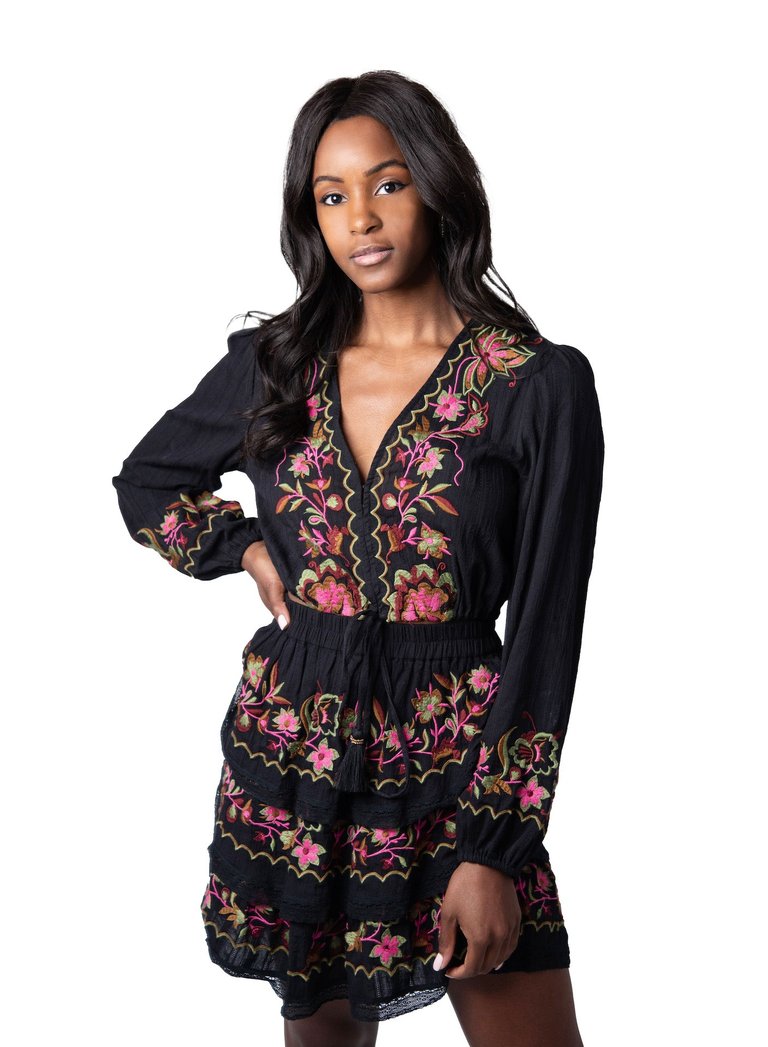 Floral Embroidered Crop Blouse - Black - Black